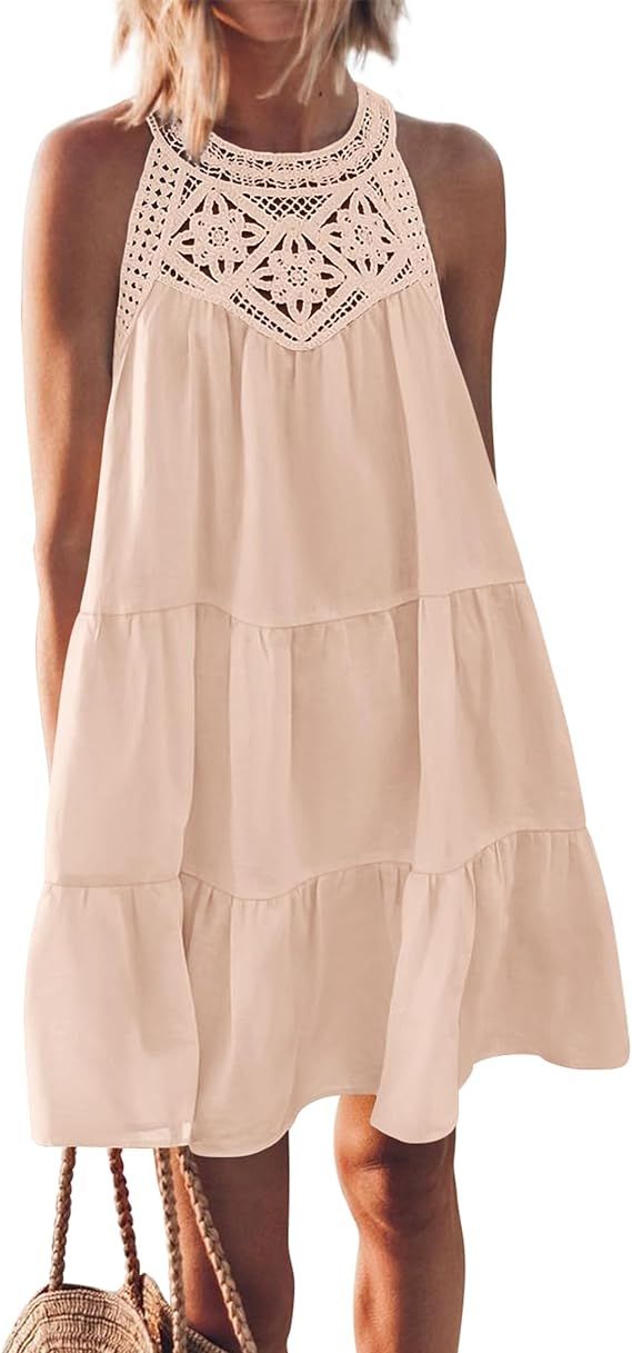 BTFBM Women's Summer Hollow Out Halter Dresses Casual Sleeveless A-Line Tiered Swing Sundress Bea... | Amazon (US)