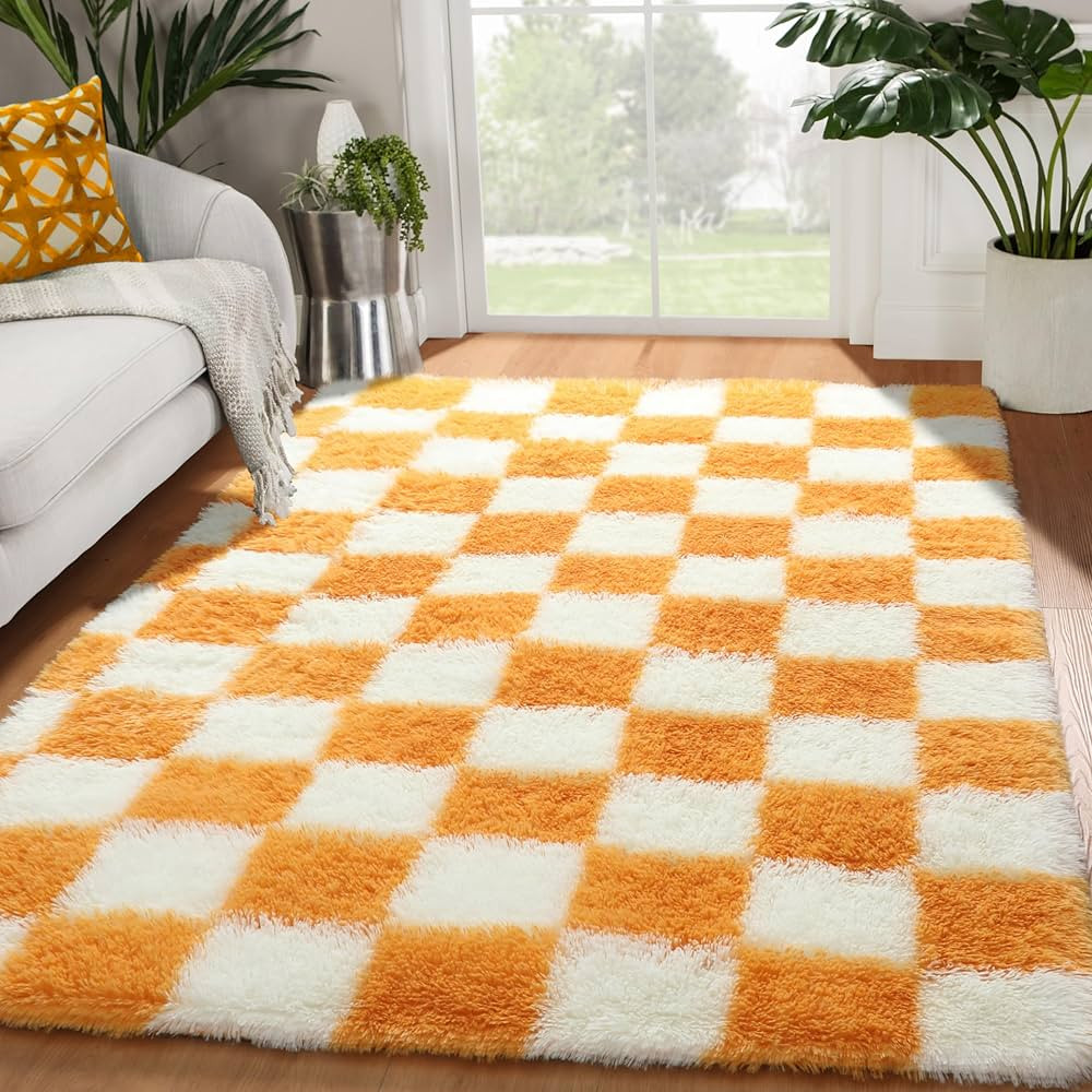 Amazon.com: KICMOR 4x6 Rugs for Bedroom Living Room, Orange and Cream White Fluffy Fuzzy Checkere... | Amazon (US)