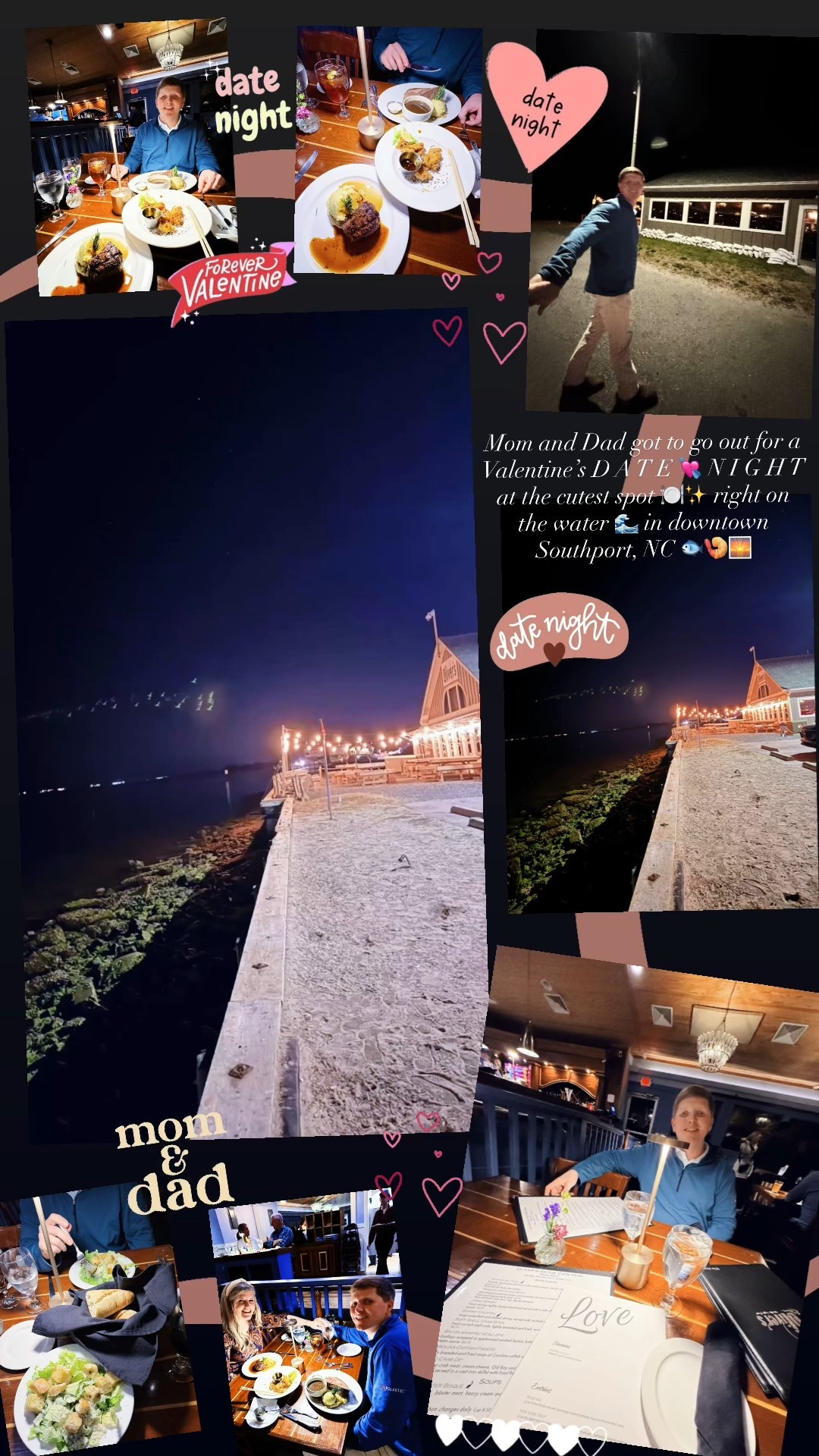 Mom and Dad got to go out for a Valentine’s D A T E 💘 N I G H T at the cutest spot 🍽️✨ right on the water 🌊 in downtown Southport, NC 🐟🍤🌅