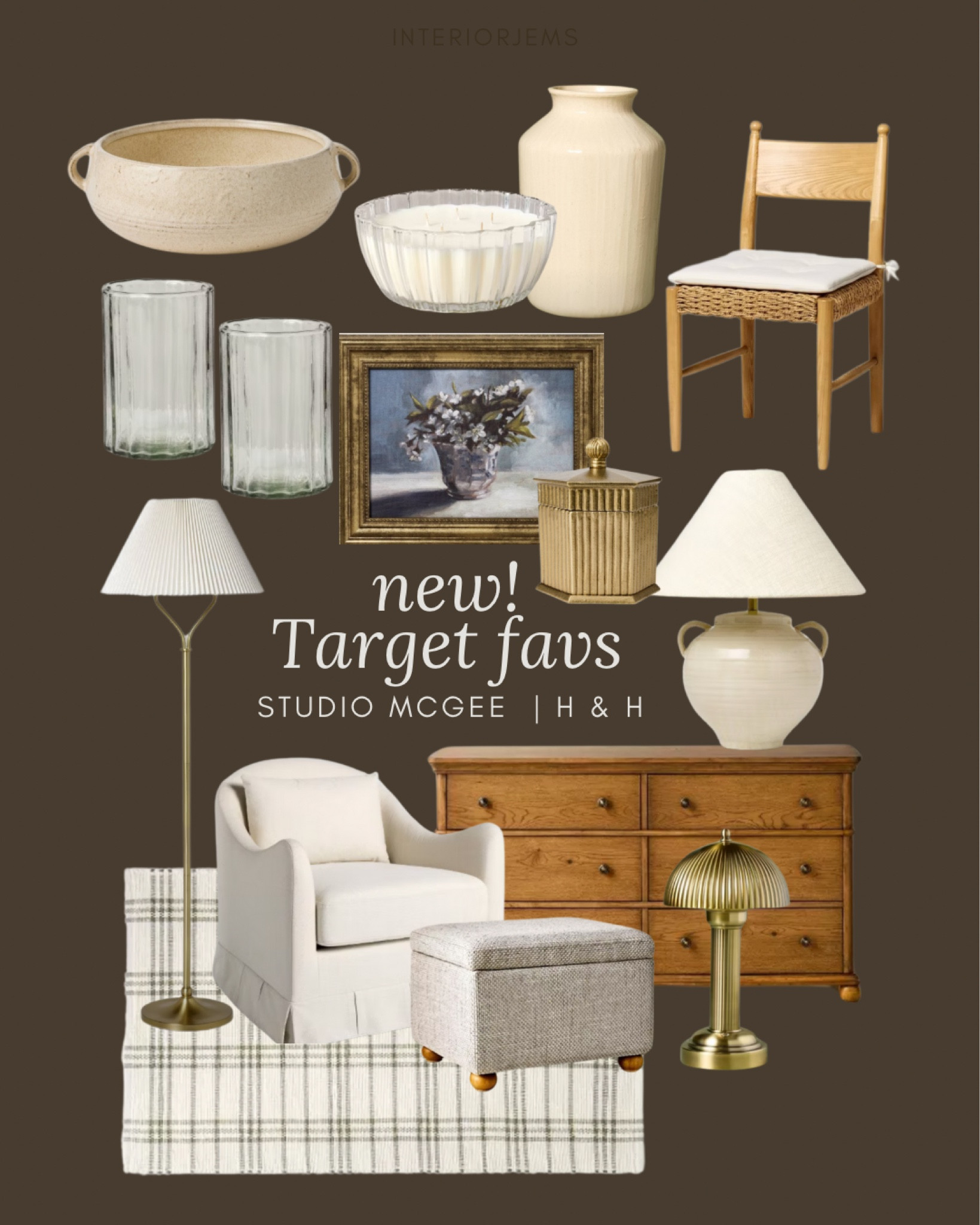 Yes, so many new arrivals from Target be sure to check our main LTK page, but these are my very favorites from Studio, McGee and hearth and hand, vintage style, dining chair, the prettiest table lamp, accent chair, similar to Crate & Barrel, vintage style dresser, framed, and ready, art, ottoman, bun, foot, ottoman, area, rug, love the large decorative goal too. It’s really big and the finish is gorgeous, drinking glass, floor lamp.

#LTKHome #LTKStyleTip #LTKSaleAlert