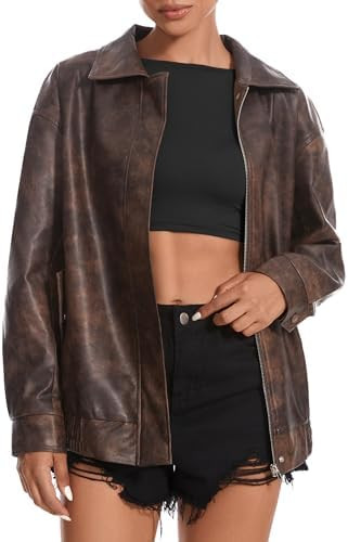 Casly Lamiit Women's Faux Leather Jacket Oversized Motorcycle Zipper Bomber Coats Fashion Casual ... | Amazon (US)