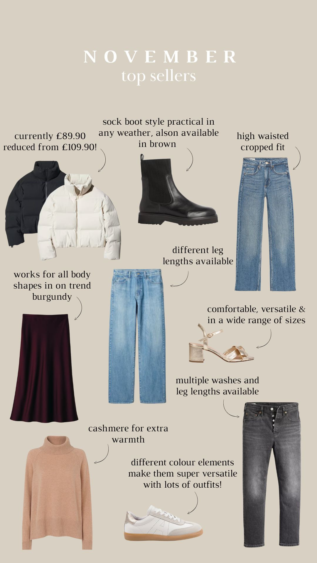 November's best selling pieces! Winter fashion, AW25, layering, knitwear, denim, satin skirt, cashmere jumper, high street finds, sock boots, puffer jacket, Air & Grace  

 #LTKuk #LTKwinter #LTKstyletip