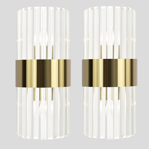 TEENYO Gold Crystal Wall Sconces Set of Two Modern 2-Light Crystal Glass Sconces Wall Lighting Brass Glass Wall Light Fixtures for Bathroom Hallway Bedroom | Amazon (US)