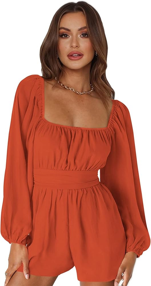 ICEROSIN Women's Long Sleeve Short Jumpsuit Puffy Dressy Chiffon Mini Short Ruffle Romper | Amazon (US)