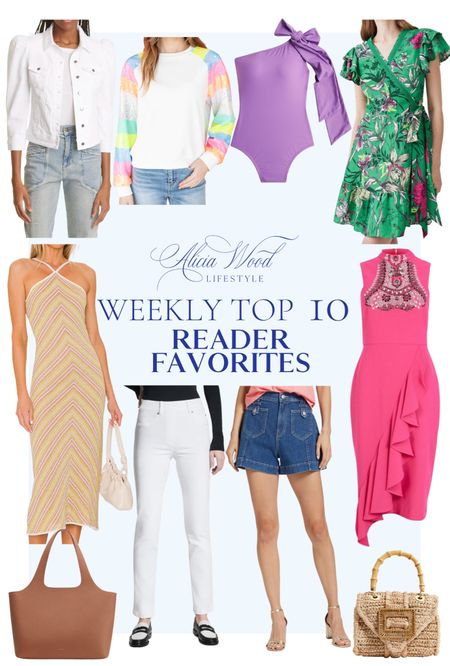 Top 10 Weekley Reader Favorites

White denim jean jacket
Colorful long sleeve top
Purple asymmetrical one piece swimsuit
Green patterned dress
Yellow and pink midi dress
White jeans
High waisted shorts
Pink midi dress 
Brown leather tote
Handwoven handbag

#LTKFind #LTKstyletip #LTKitbag