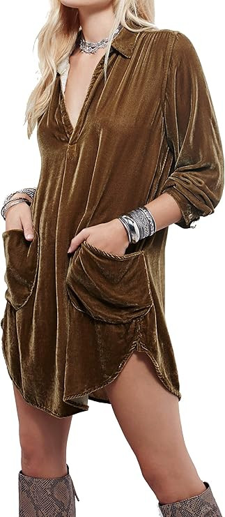 R.Vivimos Womens Velvet Long Sleeve Pocket Casual Mini Shirt Dress | Amazon (US)