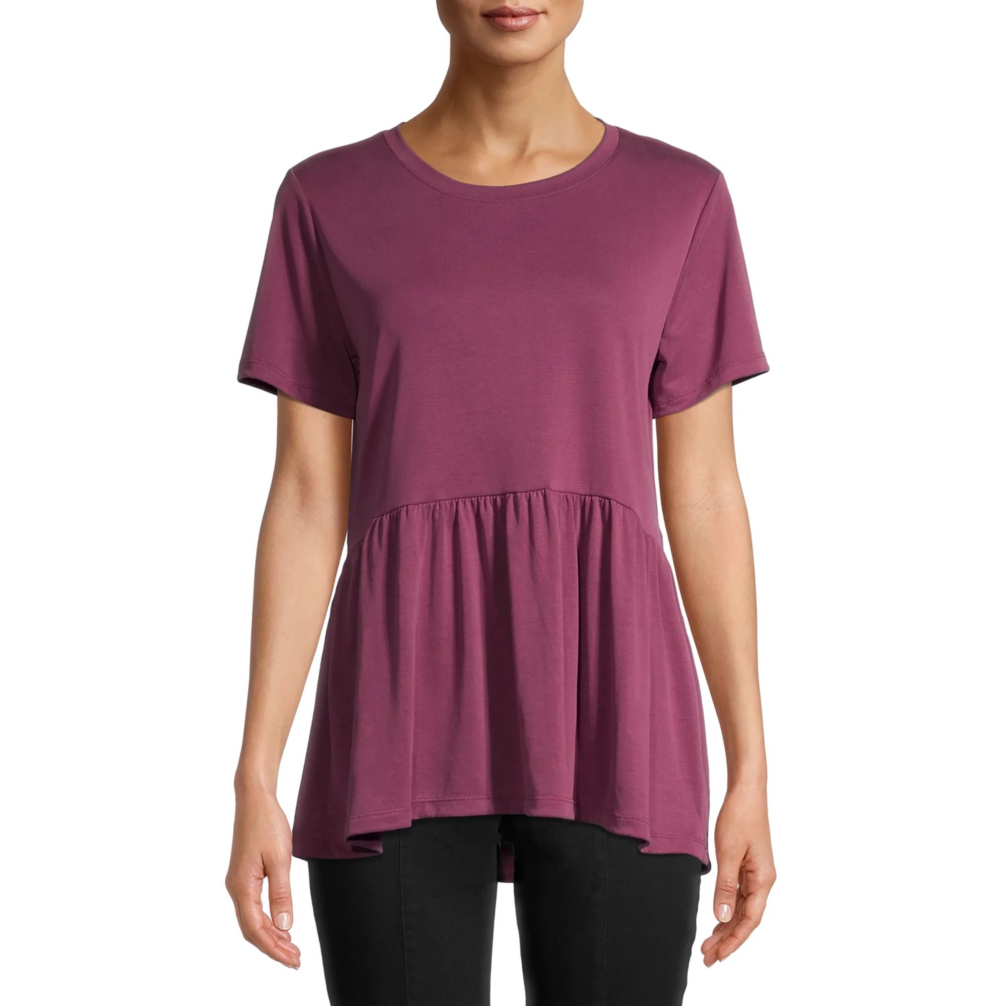 Time and Tru Women's Sandwash Peplum T-Shirt with Short Sleeves | Walmart (US)