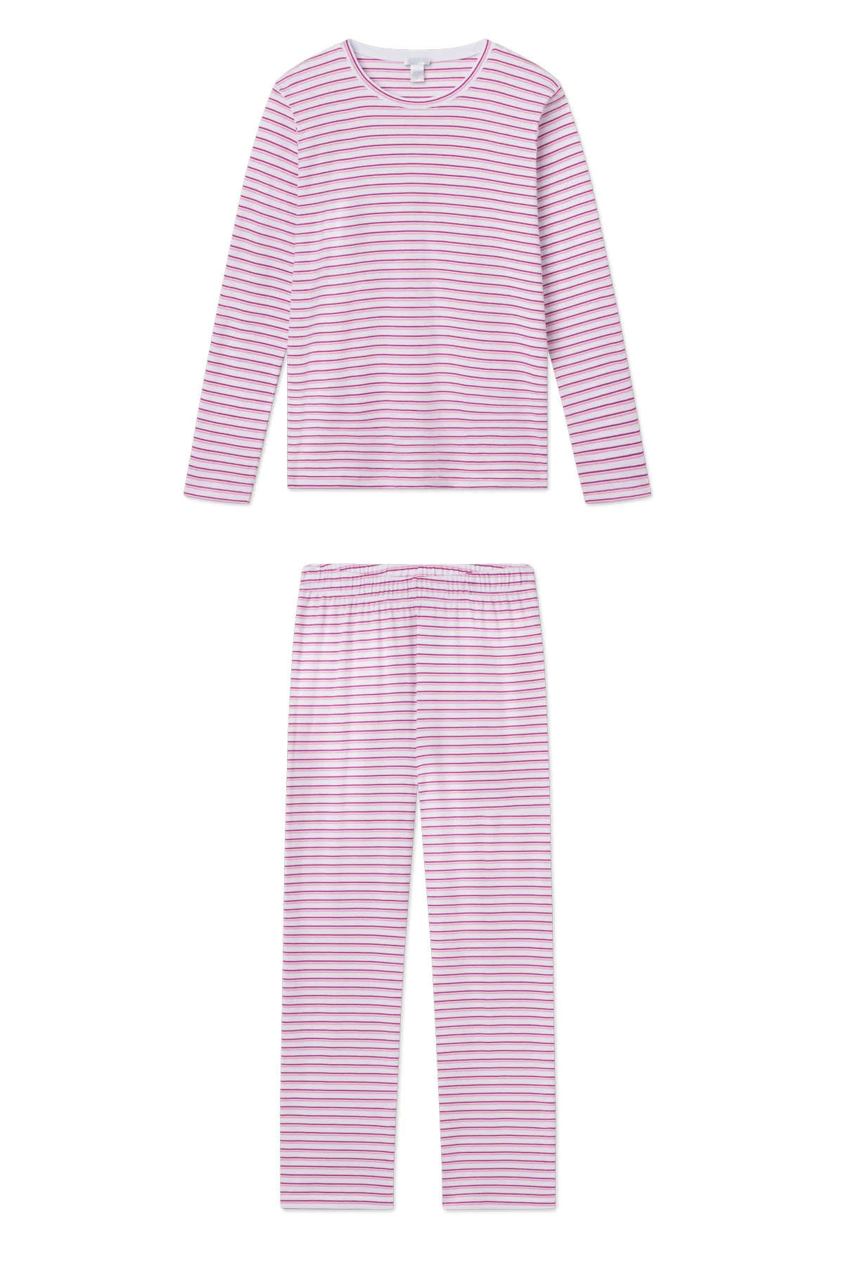 Pima Crew Long-Long Set in Dahlia Double Stripe | Lake Pajamas
