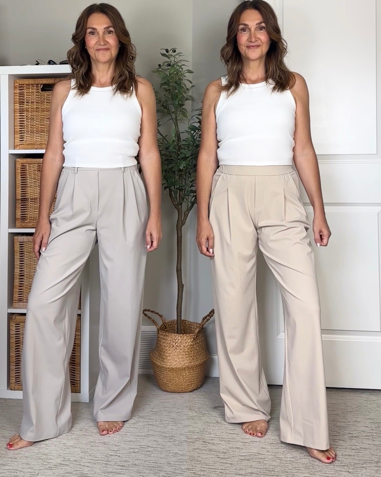 Stretchy pants that look like trousers! 
I’ve had the pair from Lululemon (left) for years and are my fave to travel in, they are so comfortable but look elevated.
I am 5’ 7” and wear size S in the 31.5” inseam.
I was very excited to find a more affordable pair from Amazon that also come in lengths (right). The material feels very similar but don’t have any belt loops. I’m am in size M in the 31” length. 
Another differences is that the Lululemon pair have a higher waist.
I can’t link from Amazon here but have linked them under “pants” on my Amazon storefront or you can comment “link” on my Instagram post to get direct US and Canadian Amazon links as well.
My tank is from Uniqlo.

#LTKootd #LTKTall #LTKWorkwear