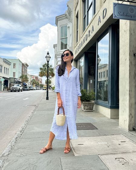 Kat Jamieson wears an easy pinstripe shirtdress in Charleston. Midi dress, shirt dress, classic style, sandals. 

Wearing an XS. Dress runs big so size down!

#LTKSeasonal #LTKstyletip #LTKitbag