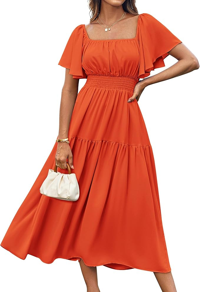 GRACE KARIN Women's Summer Short Sleeve Square Neck Smocked Waist Casual Vacation Tiered Flowy Ma... | Amazon (US)