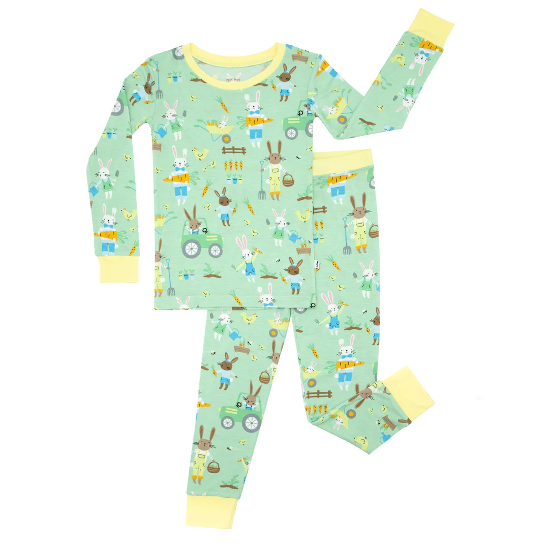 Pistachio Hop To It Two-Piece Bamboo Viscose Pajama Set | Little Sleepies