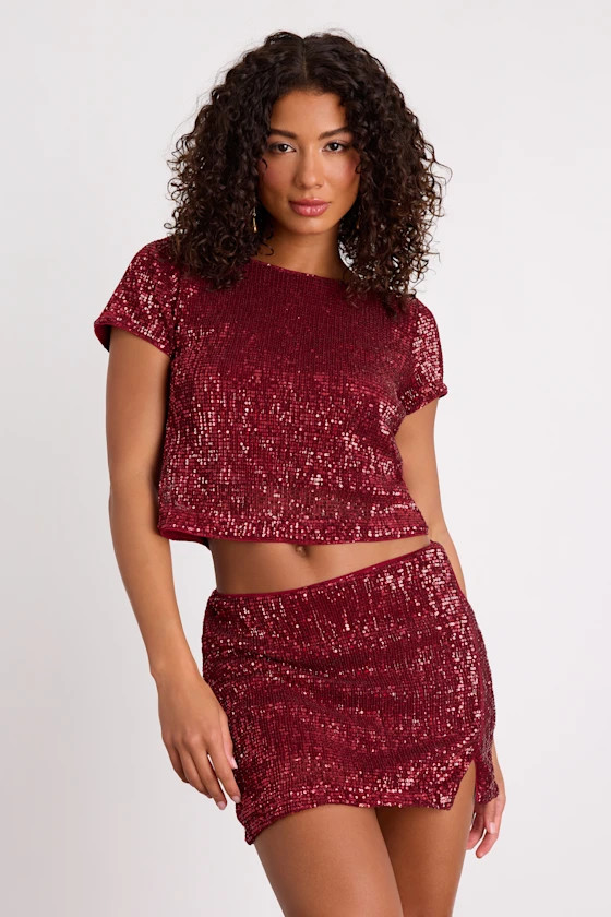 Isotta Burgundy Sequin Short Sleeve Crop Top | Lulus