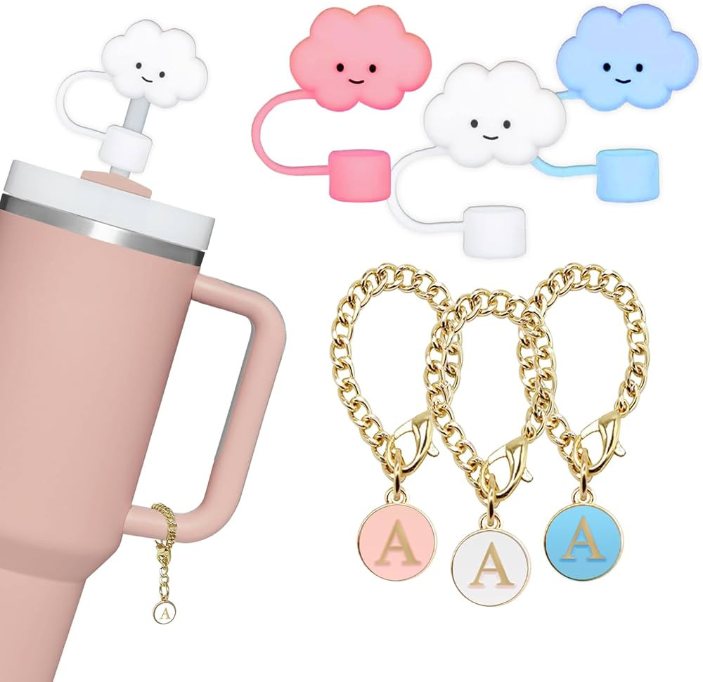 3PCS 10mm Cloud Shape Straw cover Cap& 3pcs Name ID Letter Handle Charm，Dust-Proof Reusable Sil... | Amazon (US)
