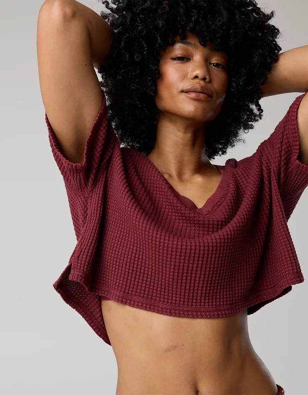 OFFLINE By Aerie Wow! Waffle V Neck Cropped Short Sleeve T-Shirt | Aerie