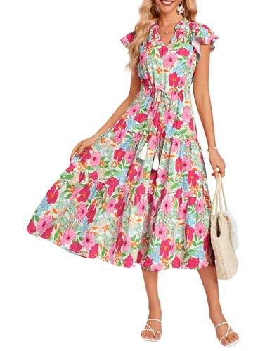Women's Spring Floral Tiered Long Midi Dresses Short Sleeve Boho Beach Ruffle Floral Dress for Women Flowy Swing Maxi Dress | Amazon (US)