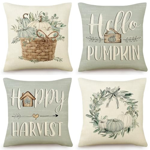PSDWETS Throw Pillow Covers 18x18 Set of 4 for Fall Decor,Fall Decorations Maple Leaves Pumpkin Farmhouse Thanksgiving Autumn Cushion Cover for Home Sofa Couch | Amazon (US)