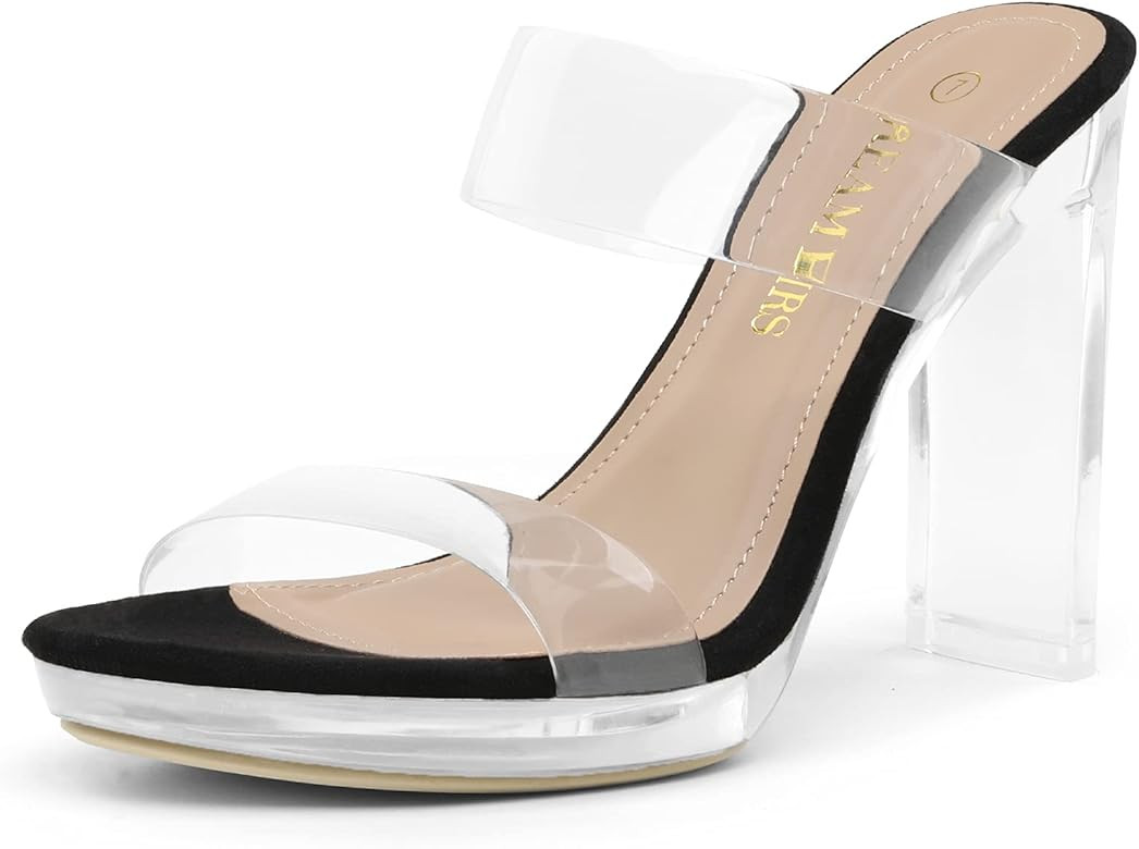 DREAM PAIRS Women's Clear Two Strap Open Toe High Block Chunky Slip on Dress Heel Sandals | Amazon (US)