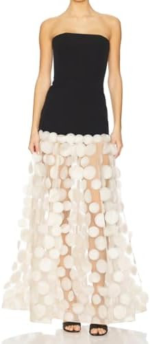 Women's Natural Strapless Dress Bustier Slim Black Top Splicing White Polka Dot Net Yarn Gown | Amazon (US)