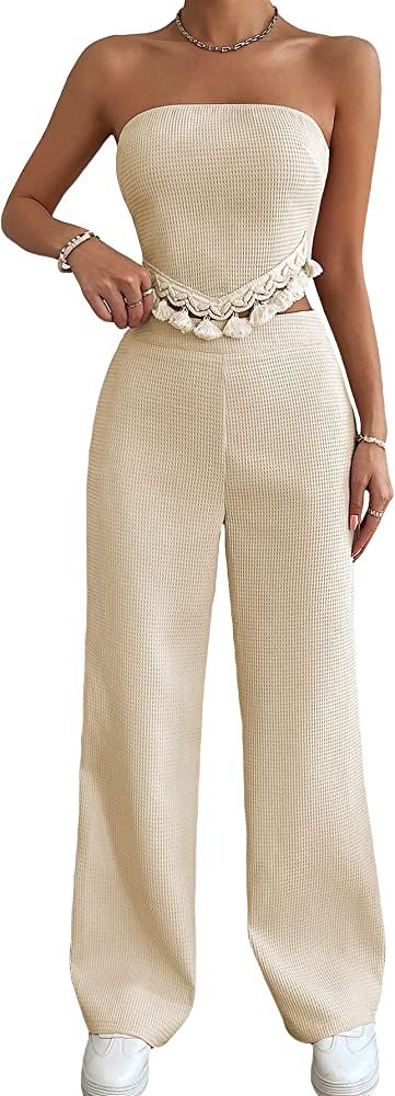 OYOANGLE Women's 2 Piece Outfits Summer Casual Fringe Trim Bandeau Tube Top and Wide Leg Pants Set | Amazon (US)