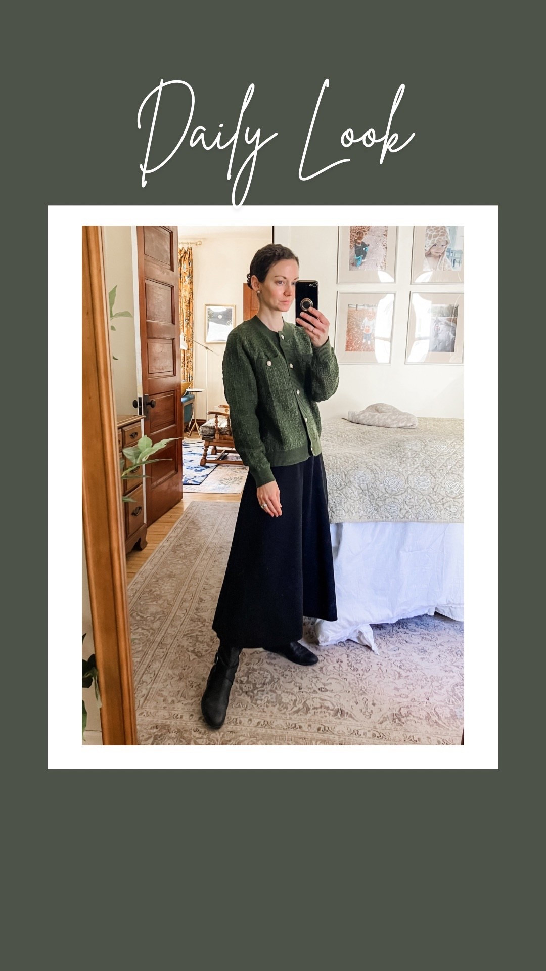 A classic outfit for winter!
A green cardigan with pearl buttons from Amazon. 
A black winter weight skirt from Amazon. 
Black leather riding boots from Naturalizer (mine are old, linking similar). 
Large faux pearl earrings from Kate Spade  
Petite outfit. Classic outfit. Modest outfit. Winter outfit  

#LTKOver40 #LTKmomlife #LTKootd