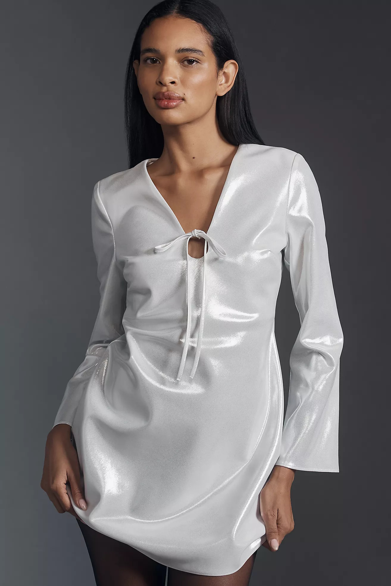 By Anthropologie Long-Sleeve V-Neck Metallic Mini Dress | Anthropologie (US)