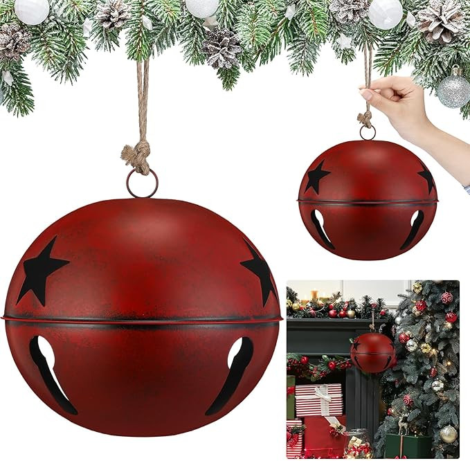 Civaner 8 Inch Large Christmas Jingle Bells Rustic Xmas Giant Hanging Sleigh Bells with Coarse Ro... | Amazon (US)