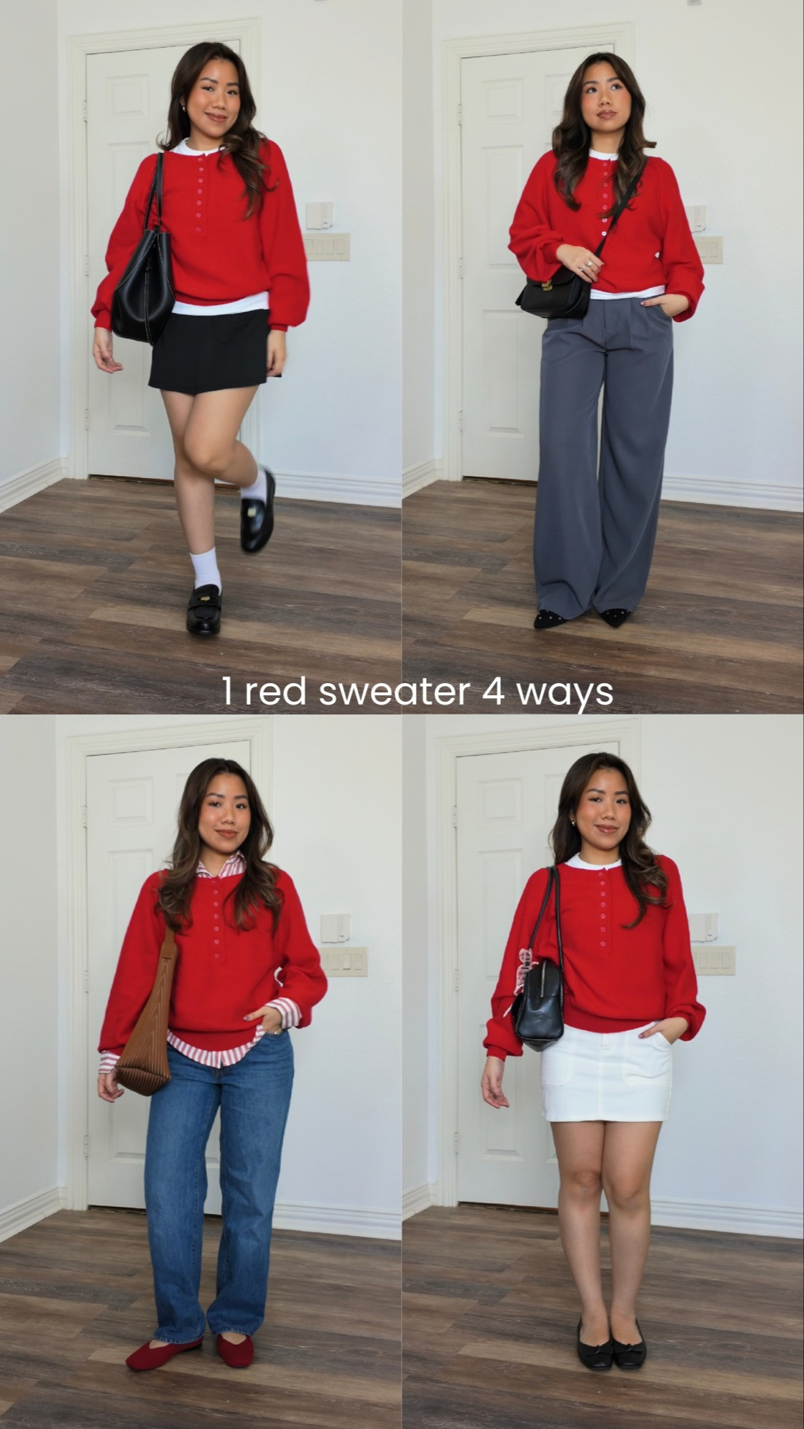 4 ways to style a red sweater for spring! this sweater is lightweight so it's perfect for spring weather! wearing size S in all, black skirt size M, shoes size 6.5, jeans size 26 

 #LTKPetite #LTKFindsUnder50 #LTKStyleTip