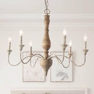 LNC 6-Light Rustic Farmhouse Wood Chandelier 29.5 in. W with Antique White French Country Accents... | The Home Depot