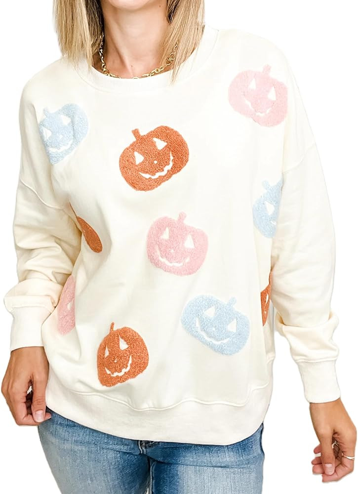 Halloween Sweatshirts for Women 2025 Spooky Ghost Long Sleeve Sweaters Vintage Pumpkin Yarn Graph... | Amazon (US)