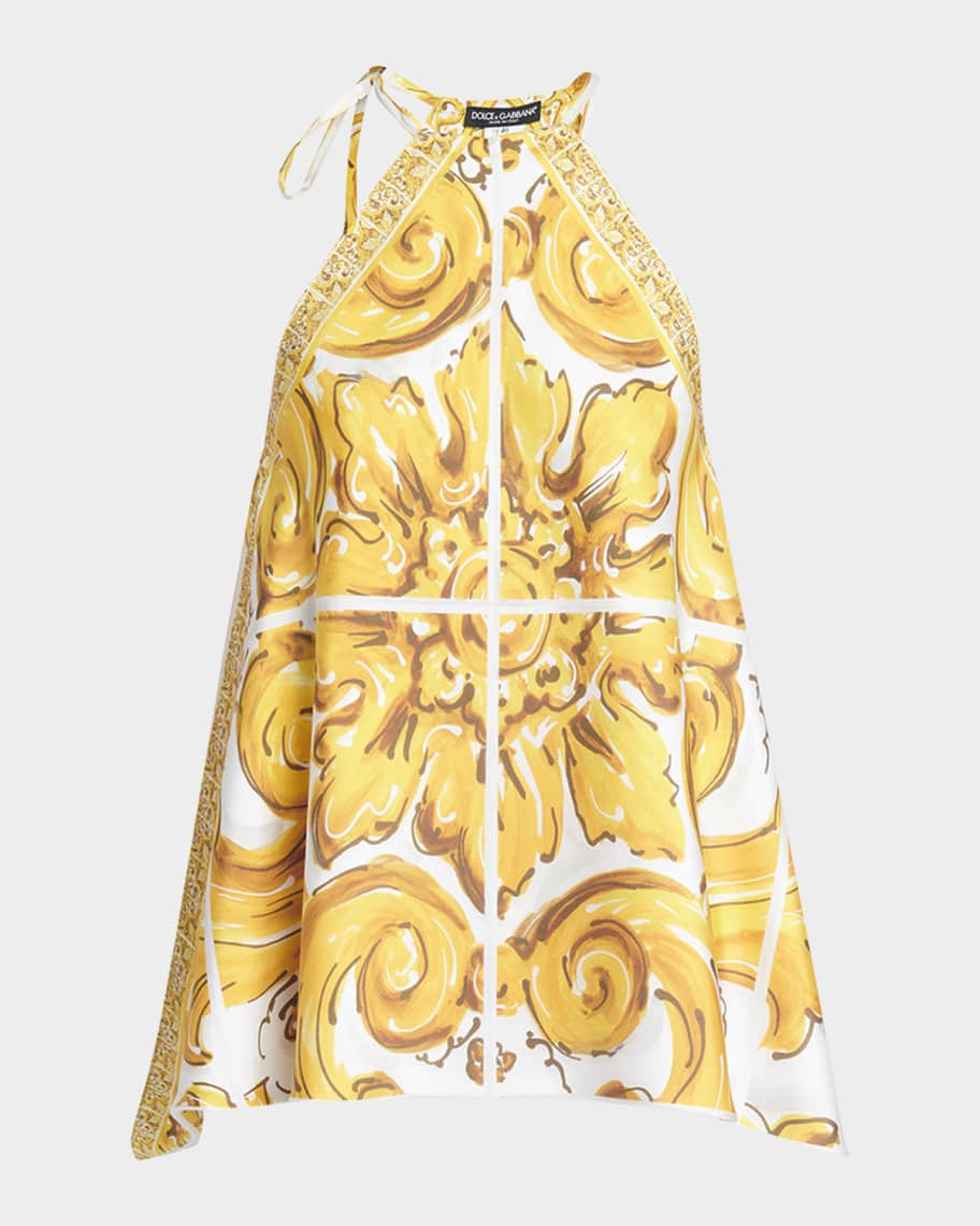 Dolce&Gabbana Silk Twill Brocade Print Top with Tie Neck | Neiman Marcus