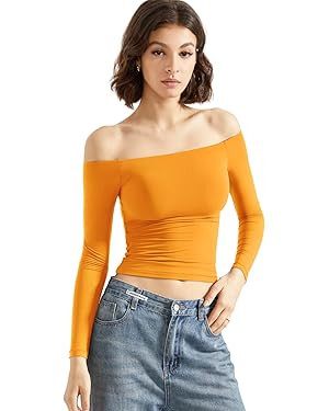 SUUKSESS Women Off Shoulder Double Lined Long Sleeve Shirts Basic Going Out Tops | Amazon (US)