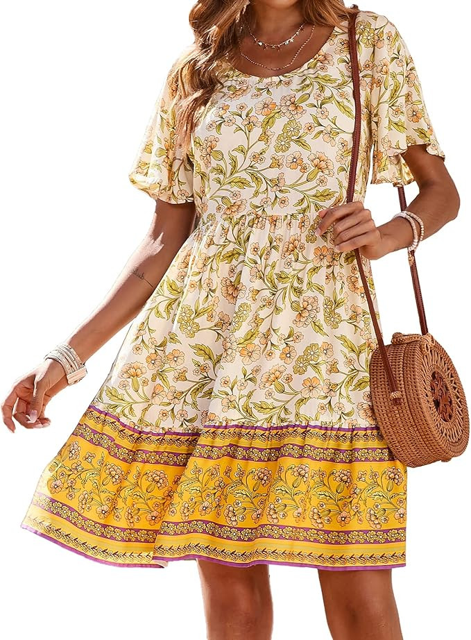 BTFBM Women's Casual Short Sleeve Boho Summer Dresses Crewneck Floral Print High Waist Beach Cute... | Amazon (US)