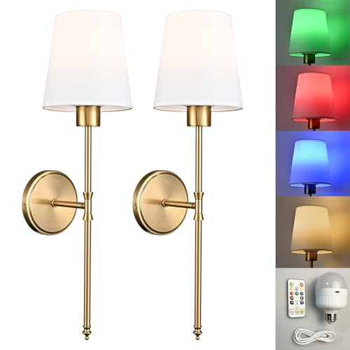 TEENYO Battery Operated Wall Sconce Set of Two Wireless Wall Light with Rechargeable Bulbs and Remote, Dimmable Gold Wall Lamp Battery Powered Sconces for Bedroom Living Room Hallway | Amazon (US)