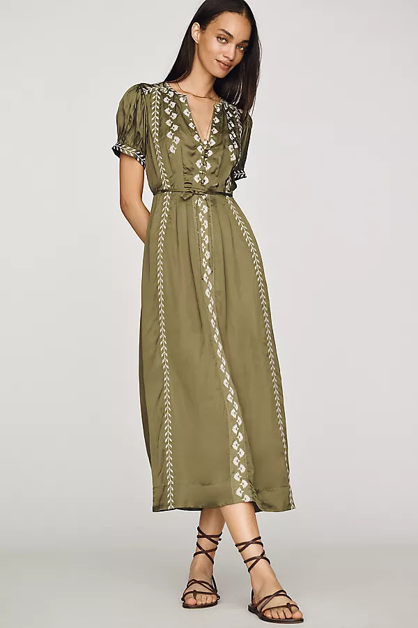 Satin Embroidered Midi Dress | Anthropologie (US)