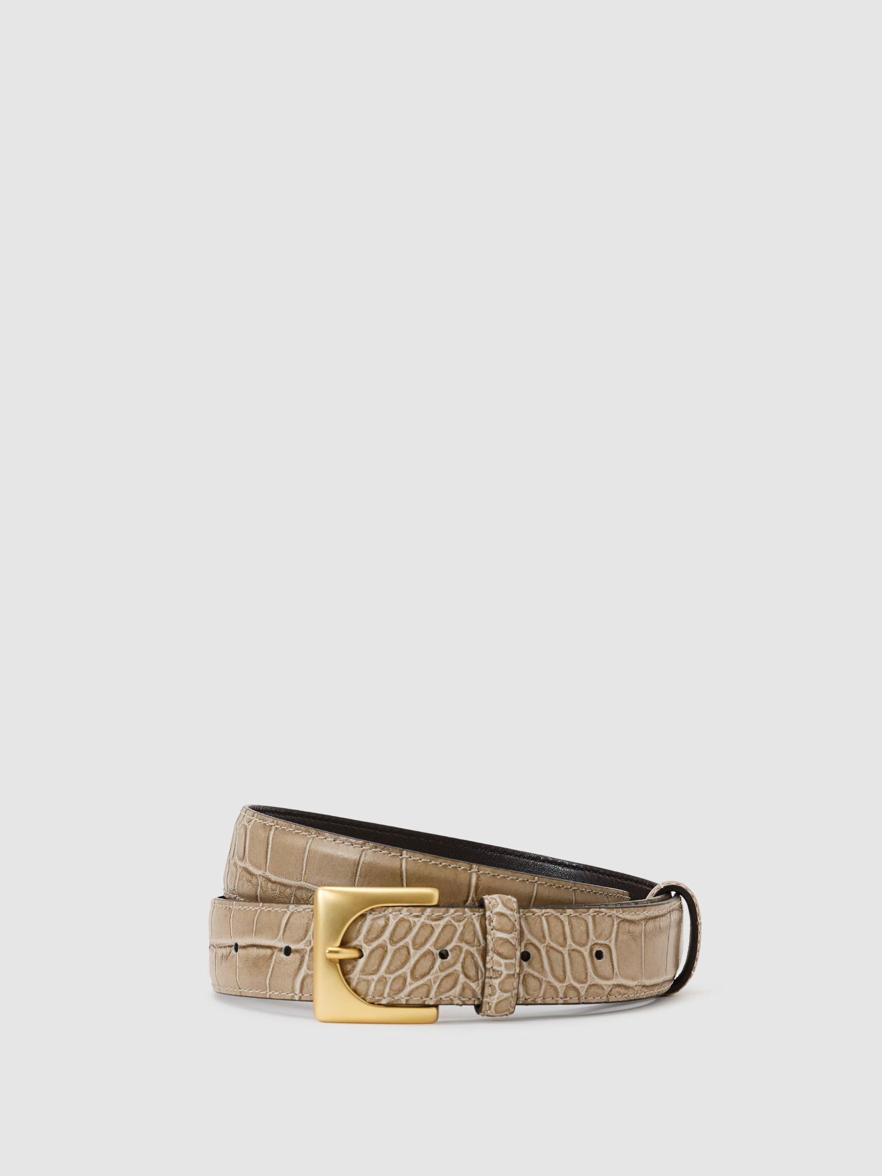 Croc-Effect Leather Square-Buckle Belt in Stone | Reiss UK