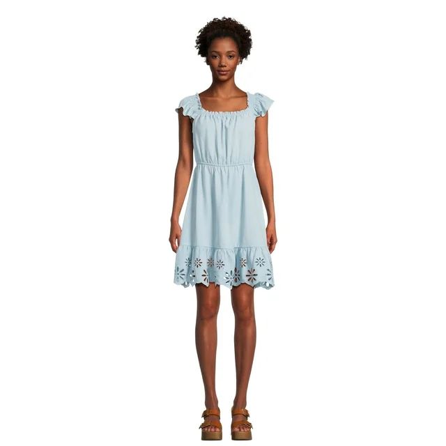 Time and Tru Women's Square Neck Eyelet Trim Mini Dress, Sizes XS-XXXL | Walmart (US)