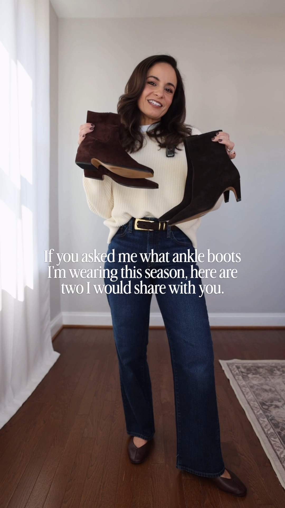 If you asked me what ankle boots I would recommend for you, here are two options! 

Karlie Boots (Dolce Vita): true to size 
Dusty Boots (Steve Madden): size up 1/2 size 

Jeans (Madewell): petite 24 / 10 3/8” rise / 28” inseam 
Sweater (Madewell): xxs 
T-Shirt (Old Navy): petite xs 
Ballet Flats (Madewell): sold out in exact color, will link similar 

Other outfits shown 
Plaid pants (BR Factory): petite 00 
Brown top (Quince): xs 
Taupe pants (LOFT): petite 00 
Marled Sweater (Gap): petite xs
Dark Jeans (J.Crew Factory): petite 24 

My measurements for reference: I’m 4’10” and 105lbs. My bust, waist, and hip measurement is 32”, 24”, and 36”.