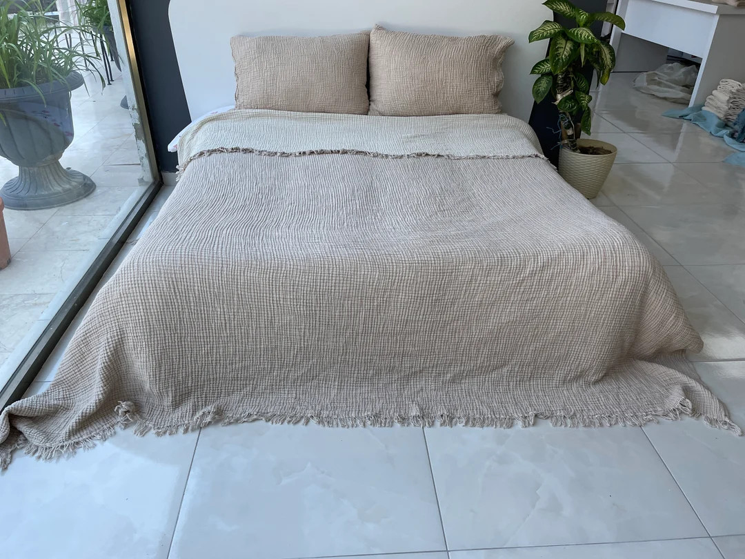 100% Cotton Muslin Bedspread, 4 Layers  Throw Blanket, Extra Soft Cotton Bed Cover, Twin Full Que... | Etsy (US)