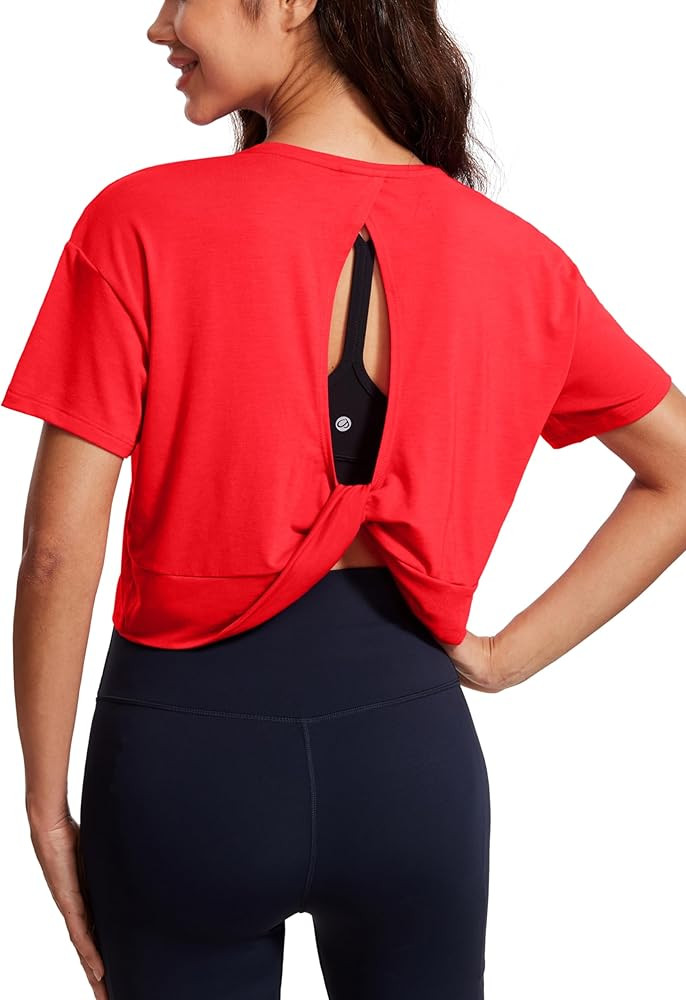 CRZ YOGA Open Back Short Sleeve Crop Top for Women Loose Athletic Yoga Workout Shirts Casual Crop... | Amazon (US)