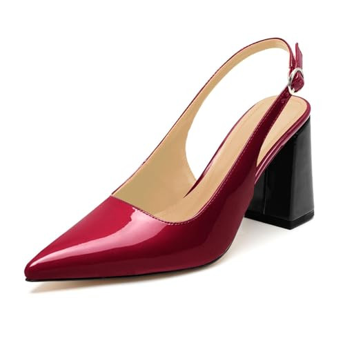 heelchic Women's Slingback Chunky Heels Pumps Closed Pointed Toe Comfortable Mid Block Heel Slip on Sandals Wedding Party Dress Shoes Office Pumps Red Size 9.5 | Amazon (US)