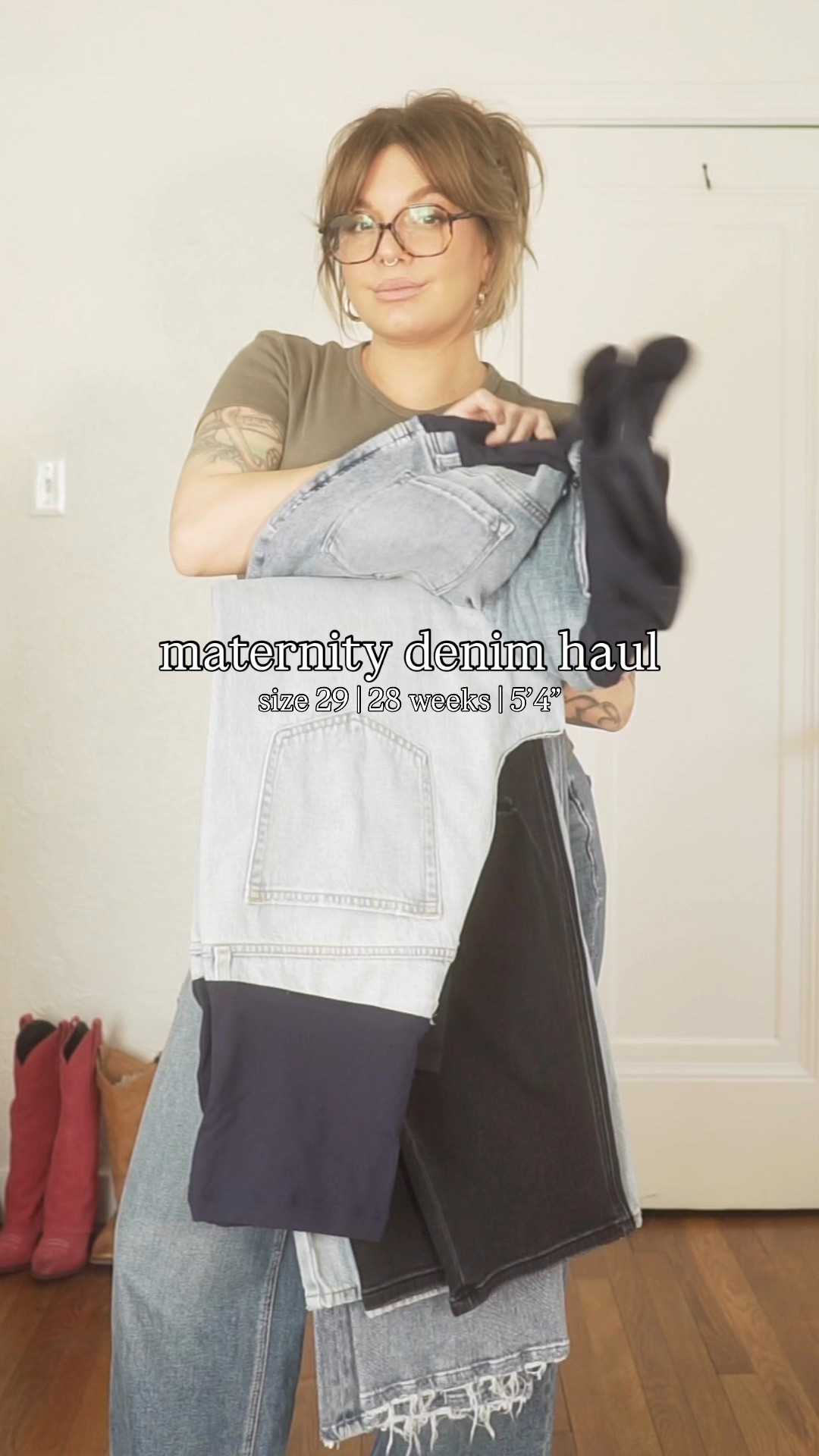 SORRY IM 27 WEEKS HAHA!! — pink blush maternity denim haul! wearing a size 29 in all jeans! i’m 165 lbs right now and 5’4” !!! the denim is VERY stretchy and sooo comfy! they also make the booty look AMAZE since the denim is form fitting and stretchy! i got a TTS 29 in all of them. i’m heading into my 3rd trimester and they still fit. 

☁️1ST PAIR: blue distressed open knee wide leg maternity jeans - my favorite ones, i wear them ALL of the time! 

☁️2ND PAIR: black distressed open knee cropped maternity barrel jeans - my second favorite. a very minimal barrel so it’s good if you’ve never tried and want to! 

☁️3RD PAIR: blue unfinished hem wide leg maternity jeans - i love these i just wish they were longer on me! if you’re shorter than 5’4 they will be perfect on you! i just prefer my baggy/wide leg to hit the floor. 

☁️4TH PAIR: light blue open knee relaxed wide leg jeans - my favorite as well! TTS and the perfect amount of baggy! 

☁️5TH PAIR: blue vintage wash bootcut jeans - i love these when i want to wear a heel or a cowboy boot! the wash is perfect too. 

#LTKStyleTip #LTKBump #LTKFindsUnder100