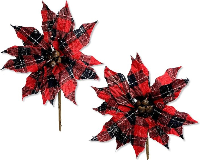 Plaid Poinsettia Picks - Set of 2 - Plaid Red Tartan Check Floral Poinsettia Flower Picks Christm... | Amazon (US)