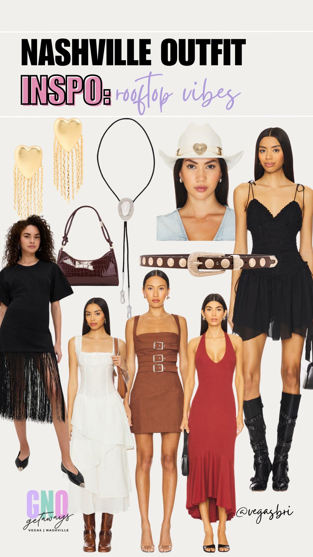 After all the fun daytime activities with your girls… it’s time for an elevated outfit swap! These looks are a bit more dressy for upscale dinner and rooftops while still keeping those western vibes. Fringe is totally in right now and if you don’t want to commit on a dress, you can always add some fringe with your accessories! Also this pearl bolo tie? Obsessed! Top it off with a cowboy hat and you are ready to hit the town. 

#nashville #nashvilleoutfits #fringe #bolotie #western #girlstrip #accessories #revolve #shopbop

#LTKStyleTip #LTKItBag #LTKTravel