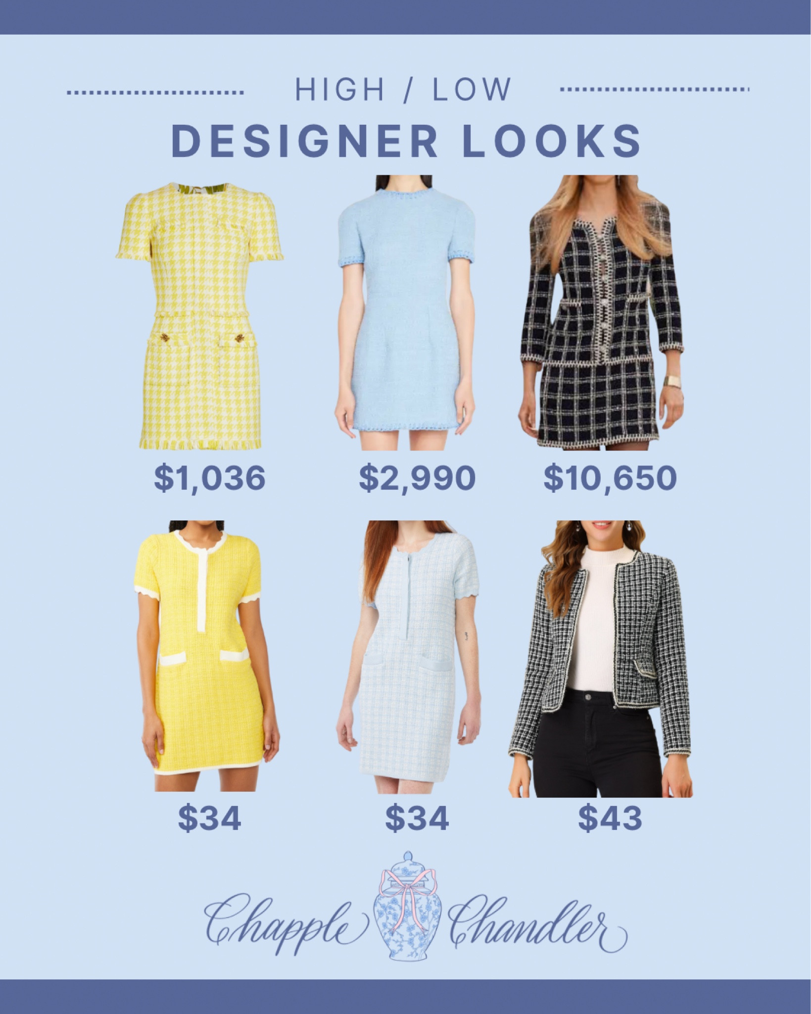 Designer looks for less!
high low tweed dress chanel
Oscar de la renta preppy grandmillennial style women’s fashion yellow light blue black navy tweed jacket coat workwear 

#LTKworkwear #LTKunder50 #LTKunder100