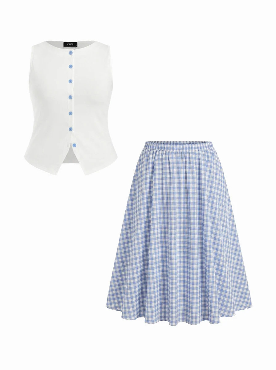Cotton Button Top & Gingham A-line Maxi Skirt Set Curve & Plus | Cider