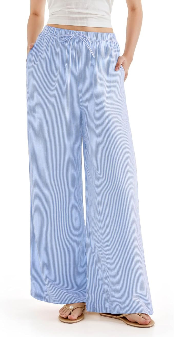 SUUKSESS Women Wide Leg Linen Pants with Pocket High Waisted Lounge Palazzo Pant | Amazon (US)