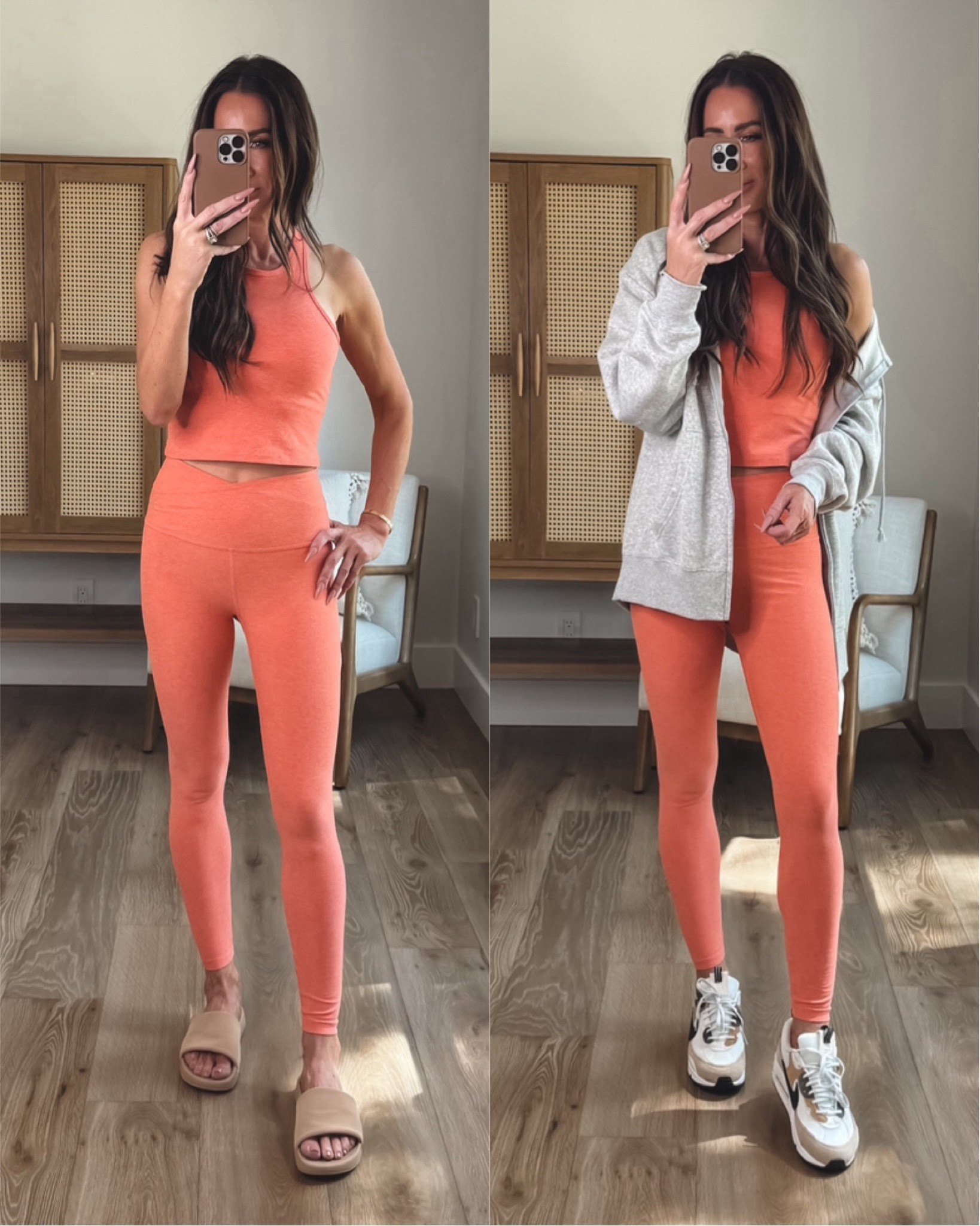 favorite athletic wear .. the coral set is from one of my favorite brands…they make the best fabrics and styles sz small legging, sz medium sports bra 
The neutral set is also super soft and has nice compression and isn’t see thru. 
Sz xs leggings and medium in top

#LTKFitness #LTKOver40 #LTKStyleTip