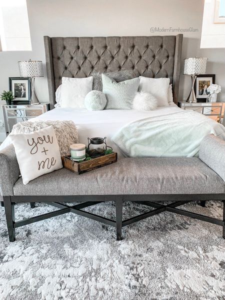 Master bedroom furniture, tufted headboard, tufted platform bed, king sized bed, bamboo sheets, bedding, comforter, duvet cover, area rug, bedroom rug, white and gray rug, bedroom bench, modern farmhouse glam

#LTKhome