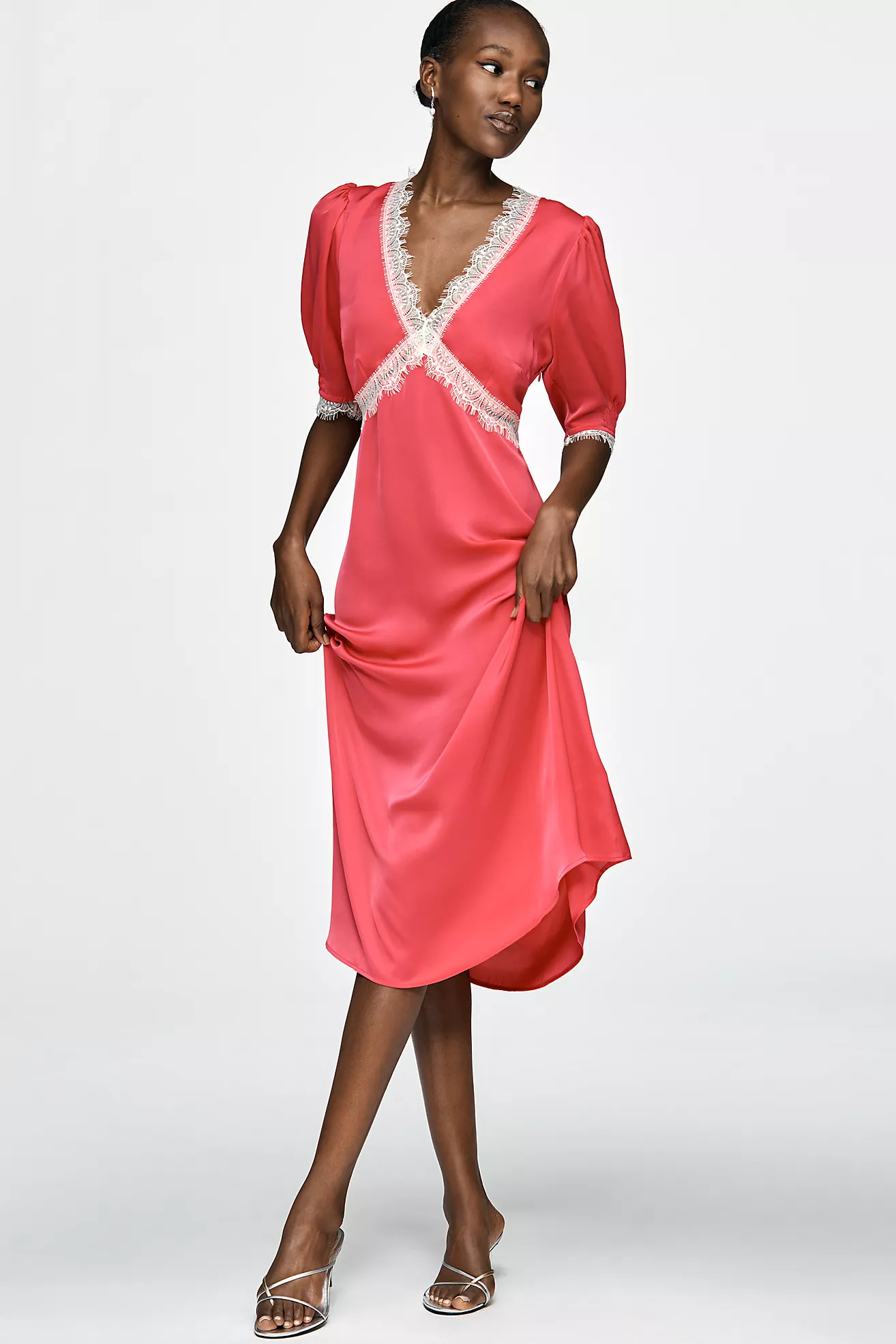 By Anthropologie V-Neck Lace Trim Midi Dress | Anthropologie (US)